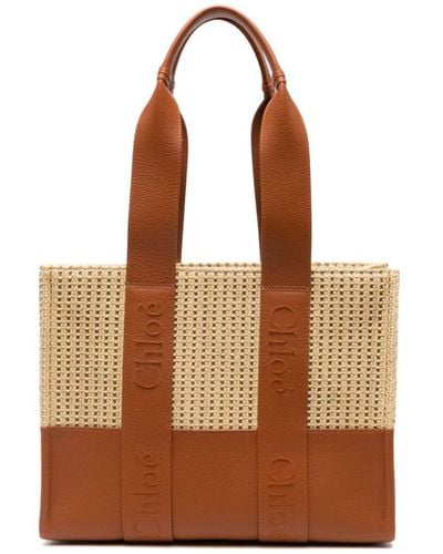 Chloé Neutral Woody Medium Raffia Tote Bag - Women's - Viscose/polyester/linen/flax/calf Leather - Brown