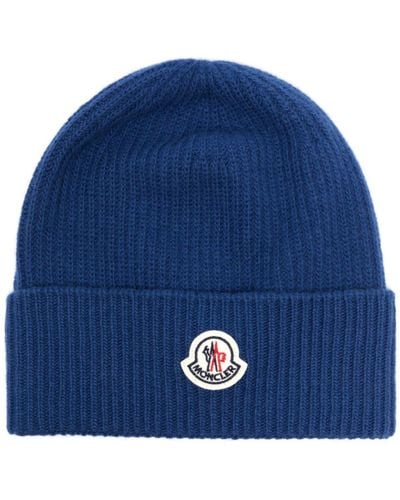 Moncler Logo-patch Ribbed-knit Beanie - Blue