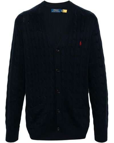 Polo Ralph Lauren Logo Embroidered Cable Knit Cardigan - Men's - Cotton - Blue