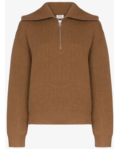 Acne Studios Ribbed Wool Half Zip Sweater - Brown