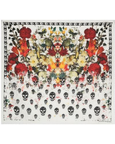 Alexander McQueen Neutral Skull Floral-print Wool Scarf - Natural