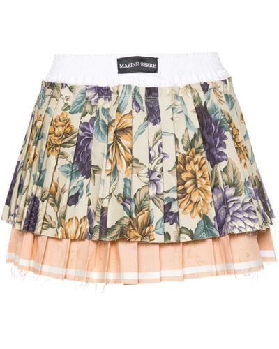Marine Serre Multicolour Upcycling Floral-print Pleated Mini Skirt - Natural