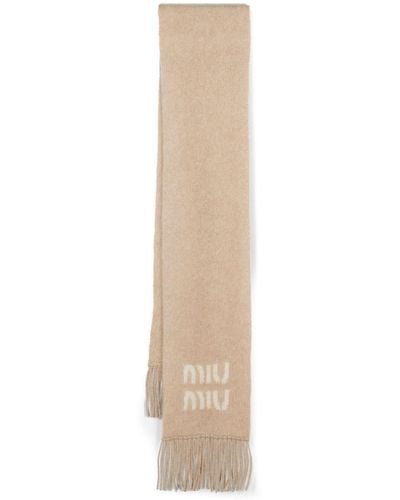 Miu Miu Neutral Logo Jacquard Fringed Scarf - Women's - Polyamide/wool/mohair - Natural