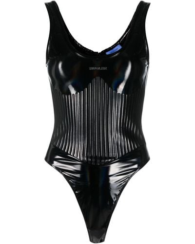 Mugler Shiny Bodysuit With Embossed Logo - Black