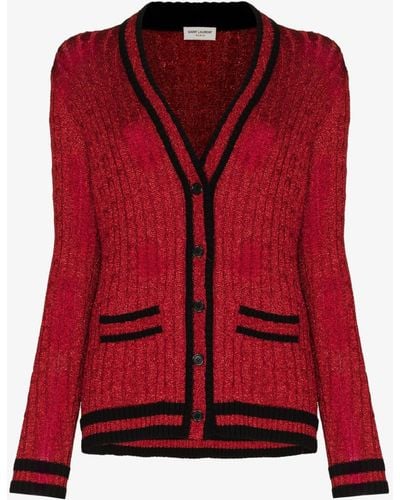 Saint Laurent Long Knit College Cardigan Rouge Brillant And Black - Red
