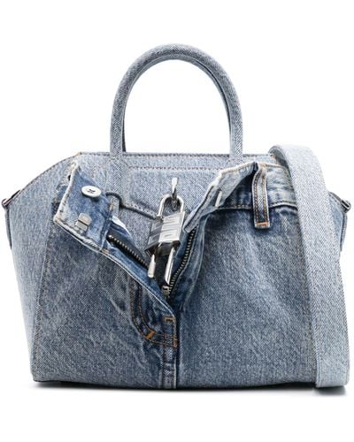 Givenchy Mini Antigona Lock Denim Tote Bag - Blue