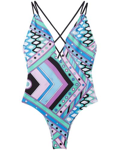 Emilio Pucci Vivara Print Plunge Swimsuit - Women's - Nylon/elastane - Blue