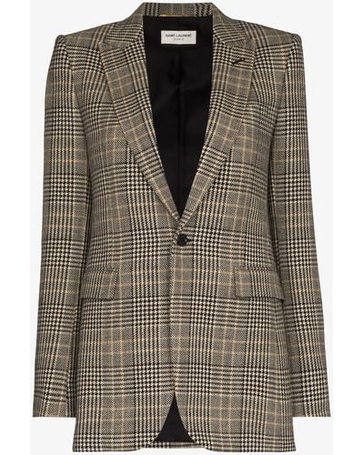 Saint Laurent Brown Prince Of Wales Checked Blazer - Women's - Leather/silk/cotton/elastanevirgin Wool - Multicolour