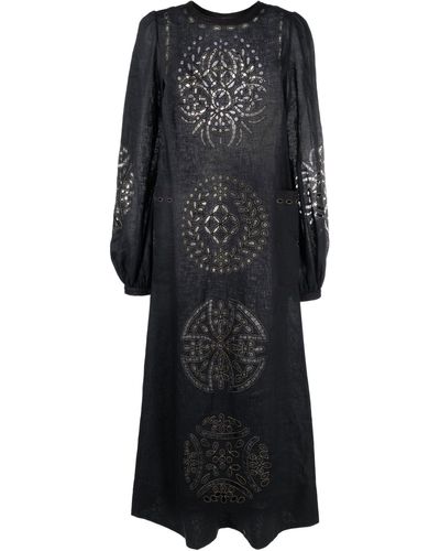 Vita Kin Bibi Broderie Anglaise Midi Dress - Women's - Linen/flax - Black