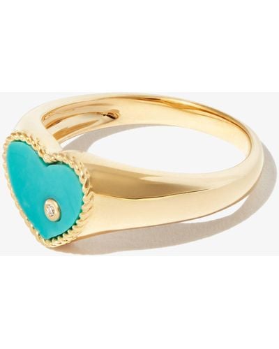 Yvonne Léon 9k Yellow Mini Coeur Turquoise Diamond Signet Ring - Blue