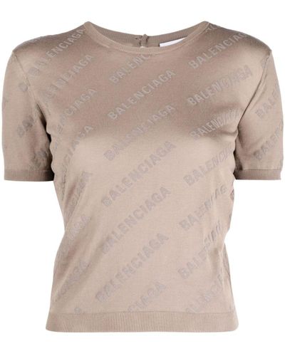Balenciaga Neutral Logo Print Cropped Cotton T-shirt - Natural