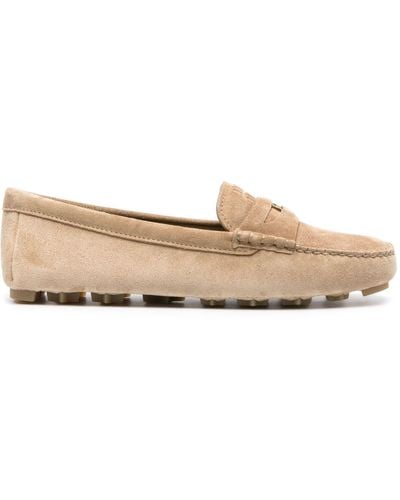 Miu Miu Neutral Logo-embossed Suede Penny Loafers - Natural