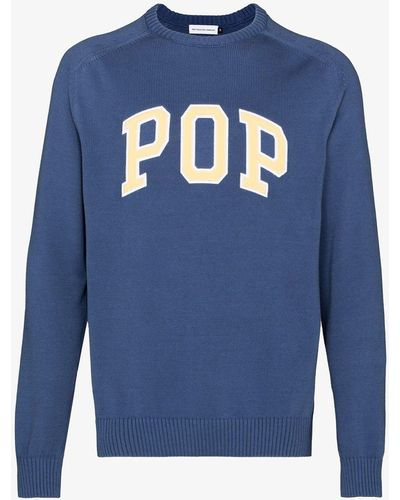 Pop Trading Co. Logo Embroidered Cotton Sweater - Blue