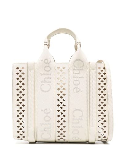Chloé Neutral Woody Small Leather Tote Bag - White
