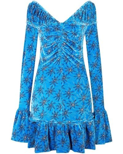 Rabanne Floral-print Flared Velvet Minidress - Blue