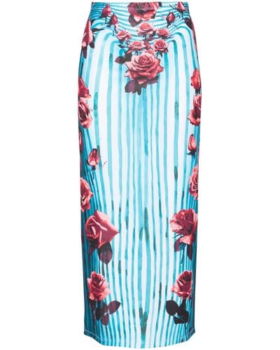 Jean Paul Gaultier Morphing Rose-print Pencil Skirt - Women's - Polyester/elastane - Blue