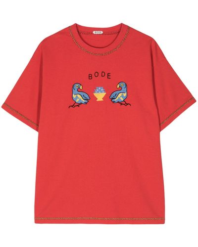 Bode Twin Parakeet Embroide T-shirt - Red