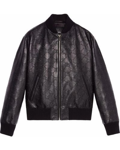 Gucci GG Leather Bomber Jacket - Black