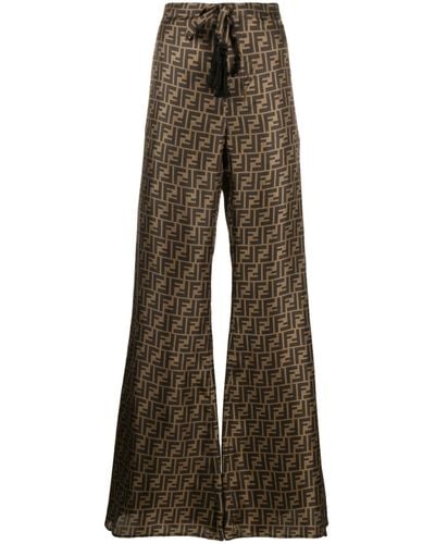Fendi Ff Silk Wide-leg Trousers - Brown