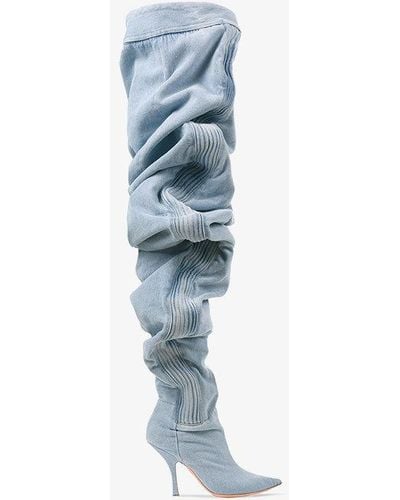 Y. Project Thigh High Ruched Denim Boots - Blue