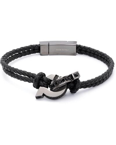 Ferragamo Black Gancini Plaque Leather Braided Bracelet - White