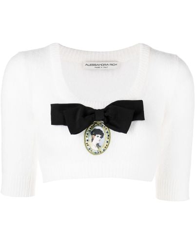 Alessandra Rich Cameo Knitted Crop Top - Women's - Wool/mohair/polyamide/spandex/elastanepolyesterglasssilk - White