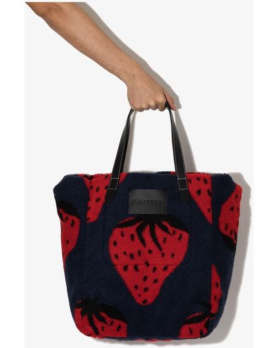 JW Anderson Navy And Red Strawberry Fleece Tote Bag - Blue
