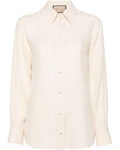 Gucci White Horsebit-jacquard Silk Shirt - Natural