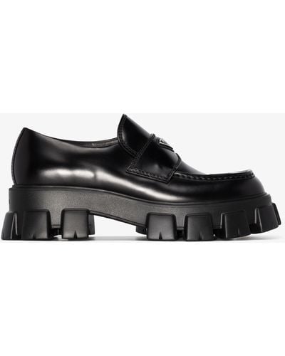 Prada Monolith Logo-embellished Brushed Leather Loafers - Black