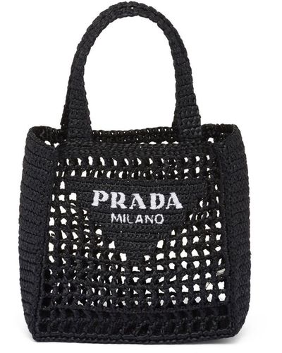 Prada Small Crochet Tote Bag - Women's - Raffia/straw - Black