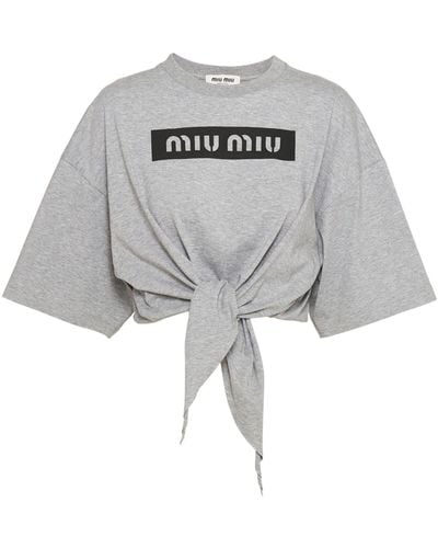 Miu Miu Logo-print Cropped Cotton T-shirt - Gray