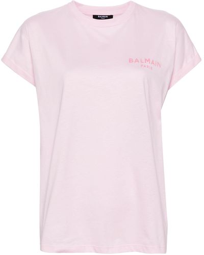 Balmain Flocked Logo Cotton T-shirt - Pink
