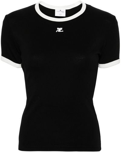 Courreges Logo Embroidered Cotton T-shirt - Black