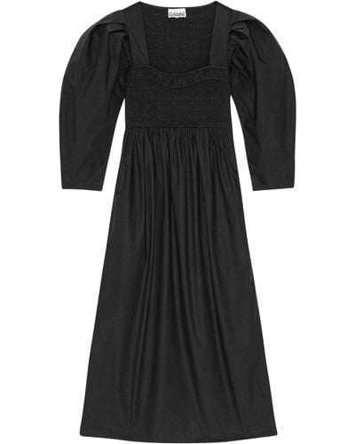 Ganni Smocked Cotton-Poplin Dress - Black