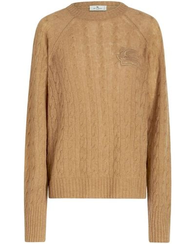 Etro Cable Knit Jumper With Embroidered Logo - Natural