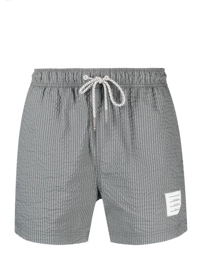 Thom Browne Striped Seersucker-texture Swim Shorts - Grey