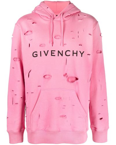 Givenchy Distressed Logo Print Cotton Hoodie - Men's - Cotton - Pink