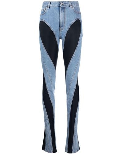 Mugler Paneled Straight-leg High-rise Stretch-denim Jeans - Blue