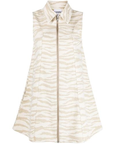 Ganni Zebra-print Denim Minidress - White