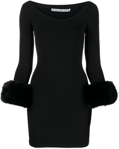 Alexander Wang Faux Fur Trimmed Jersey Off-Shoulder Mini Dress - Black