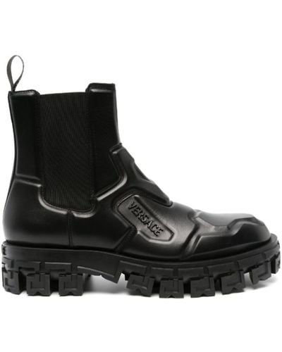 Versace Greca Portico Paneled Leather Boots - Black