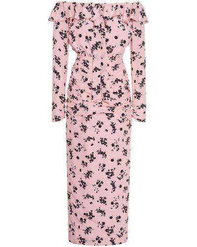 Alessandra Rich Floral Off-shoulder Silk Midi Dress - Pink