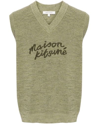 Maison Kitsuné Logo-embroidered Cotton Knitted Vest - Men's - Cotton - Green