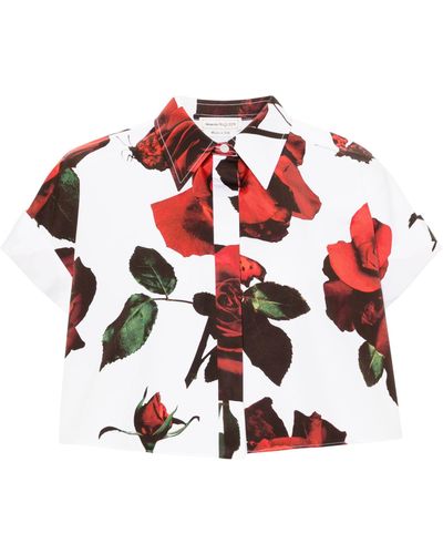 Alexander McQueen Rose-print Cotton Cropped Shirt - Red