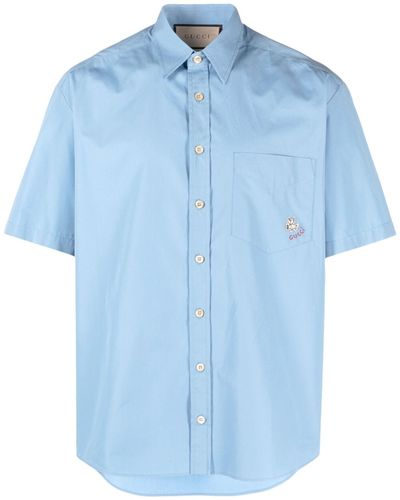 Gucci Embroidered Cotton Poplin Shirt - Blue