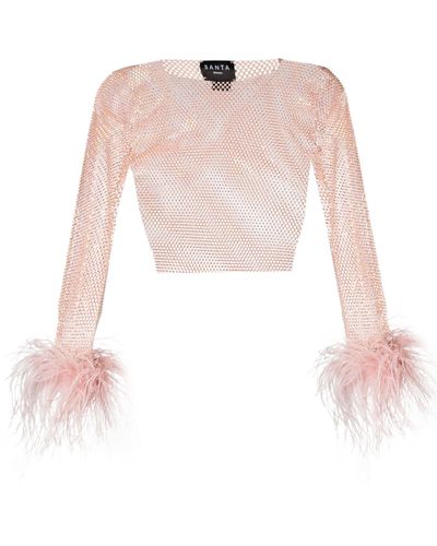 Santa Brands Feather Cuff Crystal Cropped Top - White