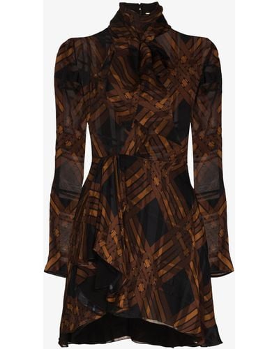 Saint Laurent Brown Checked Silk Mini Dress - Women's - Silk - Black