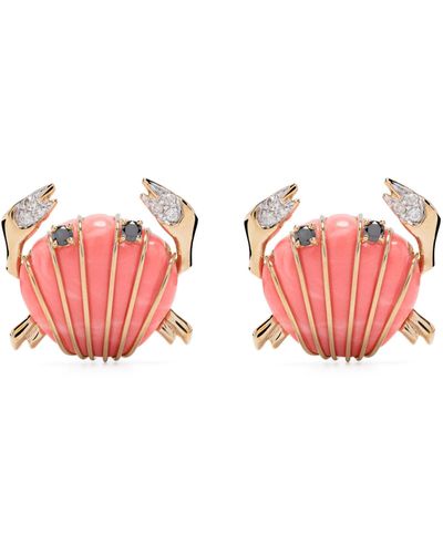 Yvonne Léon 9k Yellow Crabe Coquillage Coral And Diamond Earrings - Women's - 9kt Yellow /coral/black Diamond/grey Diamond - Pink