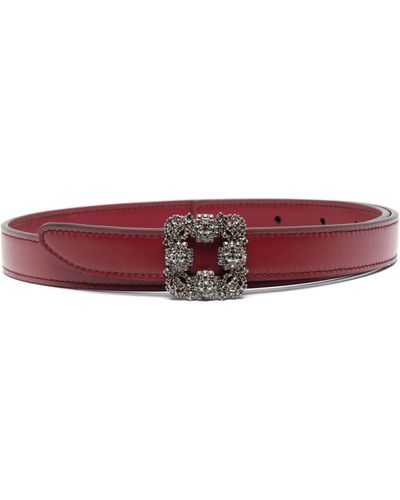 Manolo Blahnik Hangisi Crystal Buckle Leather Belt - Red