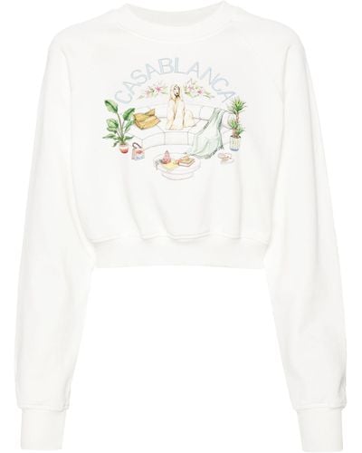 Casablancabrand Logo Print Organic Cotton Cropped Sweatshirt - White